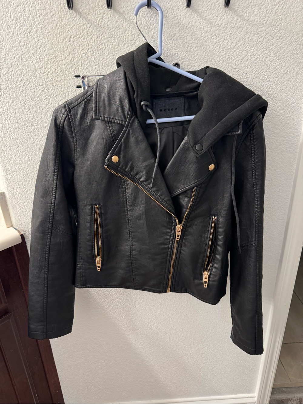 Blank NYC Black Faux Leather Hooded Moto Jacket with Gold Hardware